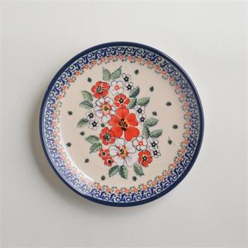 波蘭陶 紅白彩卉系列 淺底圓形餐盤 19cm 波蘭手工製