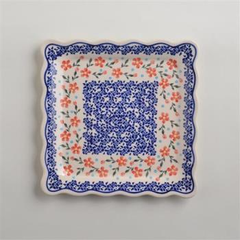 波蘭陶 藍印紅花系列 方形餐盤 24cm 波蘭手工製