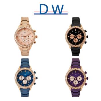 日本DW D3228 璀璨水鑽時尚女仕真三眼鐵帶手錶