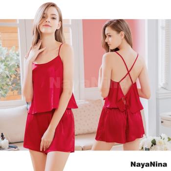 Naya Nina 法式艷紅緞面交叉美背細肩短褲套裝居家服睡衣