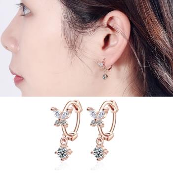 【Emi艾迷】韓系925銀針甜美蝴蝶相隨點鑽環繞耳扣耳環