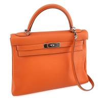 振興券優惠⭐ HERMES Kelly 32 經典橘色TOGO牛皮銀釦E刻印凱莉包(展示品)
