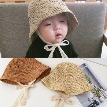 【Emi艾迷】韓系兒童寶寶蕾絲繫帶夏日遮陽草帽
