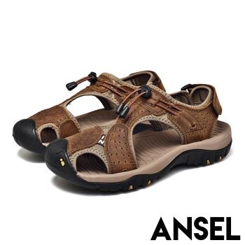 【Ansel】真皮頭層牛皮機能包頭護趾舒適休閒沙灘涼鞋 棕