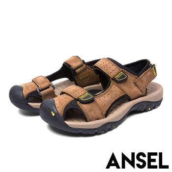 【Ansel】真皮頭層牛皮包頭護趾機能魔鬼黏休閒沙灘涼鞋 棕