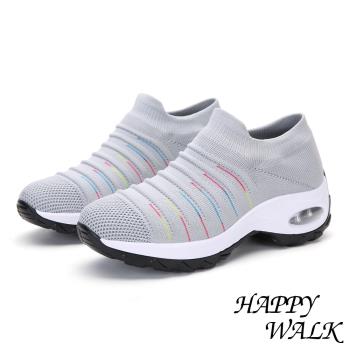 【HAPPY WALK】舒適飛織立體摺線時尚造型氣墊休閒鞋 淺灰