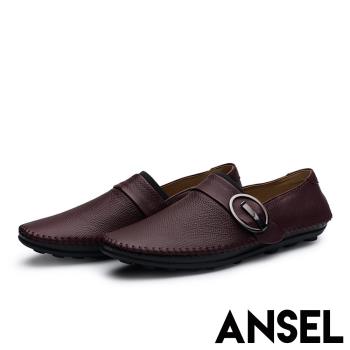 【Ansel】真皮頭層牛皮個性釦飾拼接舒適軟底懶人鞋 咖