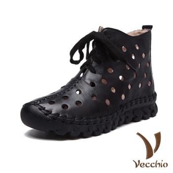 【Vecchio】全真皮手工縫線軟底水玉洞洞綁帶休閒短靴 黑