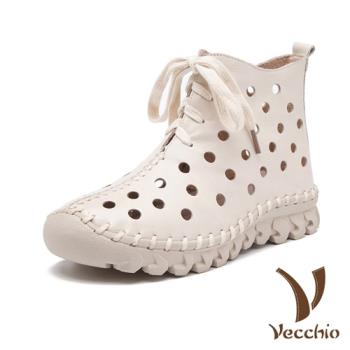 【Vecchio】全真皮手工縫線軟底水玉洞洞綁帶休閒短靴 白