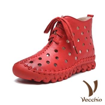 【Vecchio】全真皮手工縫線軟底水玉洞洞綁帶休閒短靴 紅