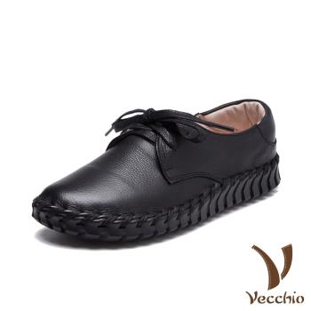 【Vecchio】全真皮手工縫線超軟底綁帶經典休閒駕車鞋 黑