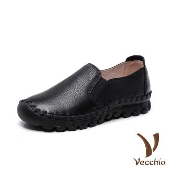 【Vecchio】全真皮手工縫線超軟底舒適經典純色樂福休閒鞋 黑