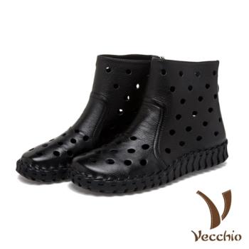 【Vecchio】全真皮水玉縷空洞洞軟底休閒短靴 黑