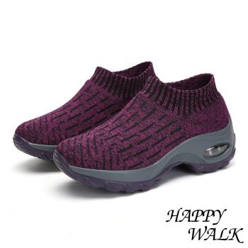 【HAPPY WALK】舒適撞色線條飛織襪套氣墊休閒鞋 紫