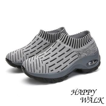 【HAPPY WALK】舒適撞色線條飛織襪套氣墊休閒鞋 灰