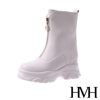 【HMH】時尚經典前拉鍊造型內增高厚底中筒靴 白