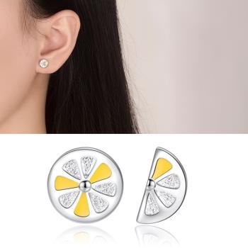 【Emi艾迷】925銀針可愛清新檸檬水果風鋯石微鑲不對稱耳環