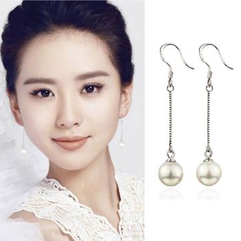 【Emi艾迷】韓國925銀針極簡風格珍珠流線垂墜耳勾耳環