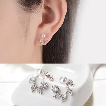 【Emi艾迷】韓國925銀美好季節花葉勾勒鋯石微鑲珍珠耳環