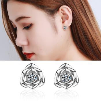 【Emi艾迷】韓系925銀針純淨玫瑰鋯石耳環