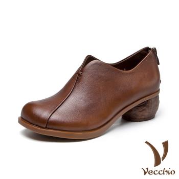【Vecchio】真皮頭層牛皮復古深口百搭粗跟鞋 棕