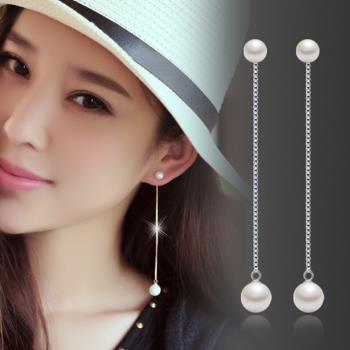 【Emi艾迷】韓國925銀美學演化雙珍珠流線垂墜耳環