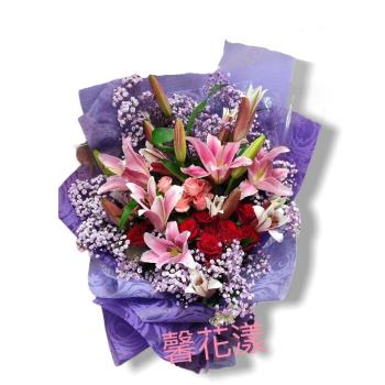 【馨花漾】紫色浪漫紅百合紅玫瑰新鮮花束 (情人節/生日/紀念日)