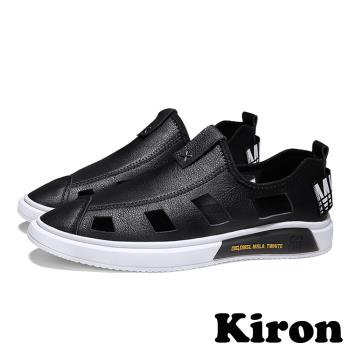 【Kiron】時尚復古皮面縷空休閒個性涼鞋 黑