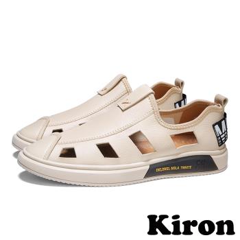 【Kiron】時尚復古皮面縷空休閒個性涼鞋 卡其