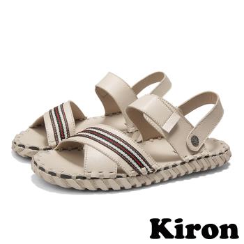 【Kiron】兩穿法時尚撞色織帶拼接休閒涼拖鞋 米