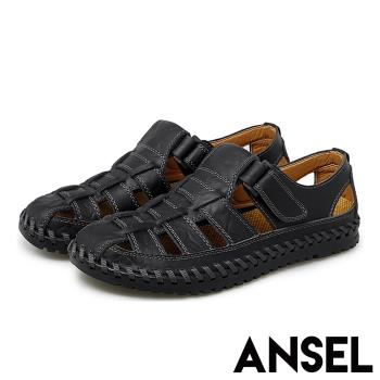 【Ansel】真皮復古編織魔鬼粘個性舒適羅馬涼鞋 黑