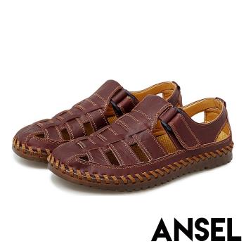 【Ansel】真皮復古編織魔鬼粘個性舒適羅馬涼鞋 酒紅