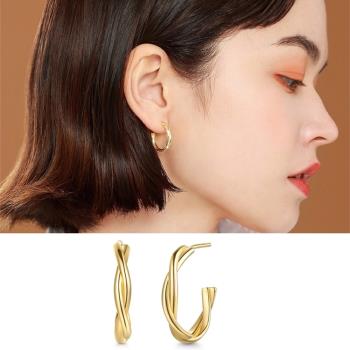 【Emi艾迷】韓系高質感金色麻花勾勒C字925銀針耳環