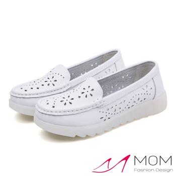 【MOM】真皮透氣縷空花朵舒適軟底護士鞋 白