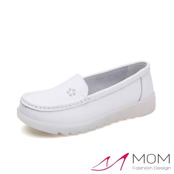 【MOM】真皮舒適寬楦愛心小花軟底白色護士鞋 C款灰色小花