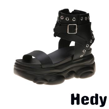 【Hedy】個性復古龐克皮帶釦飾一字厚底涼鞋 黑