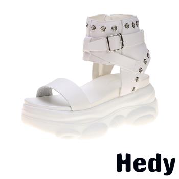 【Hedy】個性復古龐克皮帶釦飾一字厚底涼鞋 白