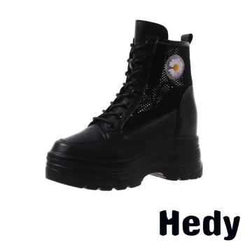【Hedy】可愛花朵透氣網布拼接內增高厚底馬丁靴 黑