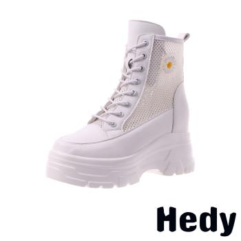 【Hedy】可愛花朵透氣網布拼接內增高厚底馬丁靴 白