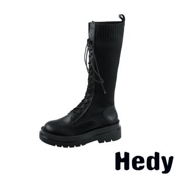 【Hedy】潮流時尚針織拼接復古長筒馬丁靴 黑