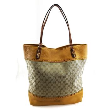 振興券優惠⭐GUCCI 雙G布料拼黃色皮革肩背竹節購物包(展示品)