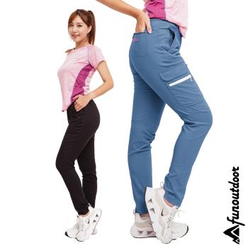 【戶外趣】女款超輕彈多口袋防潑水抗UPF50+雙彈腰舒適快乾長褲 ( HPL001 黑/湖藍 )