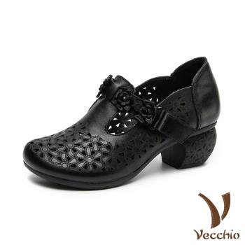 【Vecchio】真皮頭層牛皮縷空花朵T字帶造型粗跟涼鞋 黑