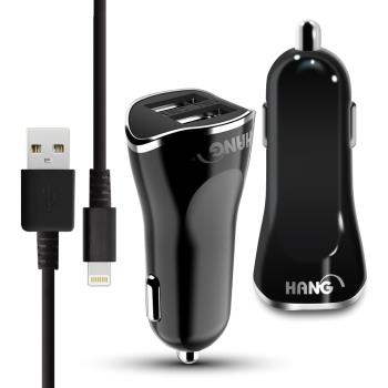 HANG 台灣認證2.1A雙孔USB快速車充+iPhone/ipad系列傳輸充電線-黑色組