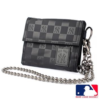 【MLB 美國大聯盟 】洋基 棋盤格橫式6卡零錢層- 皮夾/短夾/錢包-(黑色)