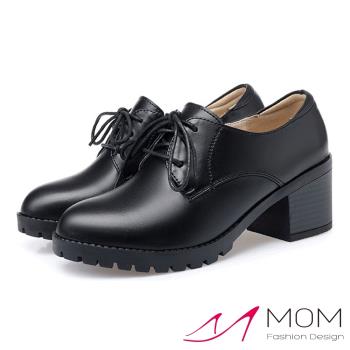 【MOM】真皮細緻牛皮舒適繫帶防水台高跟休閒鞋 黑