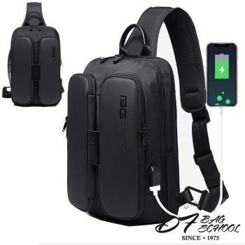 DF BAGSCHOOL - 戶外休閒USB充電單肩斜跨包-黑色