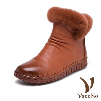 【Vecchio】全真牛兔毛絨頭層牛皮手工舒適百搭短靴 卡其