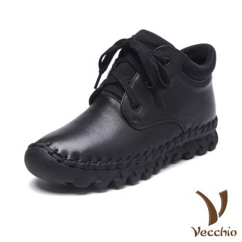【Vecchio】全真皮百搭舒適手工縫線綁帶設計休閒短靴 黑