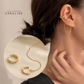 《Caroline》法式復古不對稱鍊條耳線流蘇2件組高級訂製款無耳洞耳夾無痛耳骨夾72593